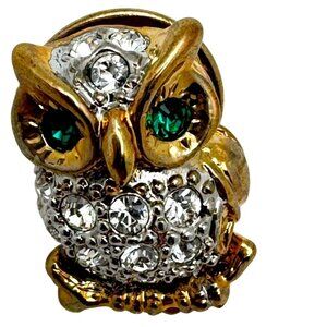 Gold-Tone Rhinestone Owl Lapel Pin Brooch With Green Eyes & Secure Clasp